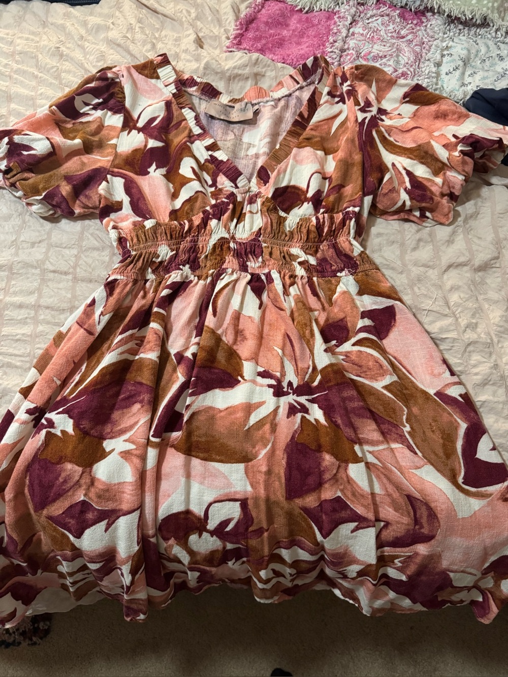 Floral Puff-Sleeve Dress in Pink, Brown & Burgundy